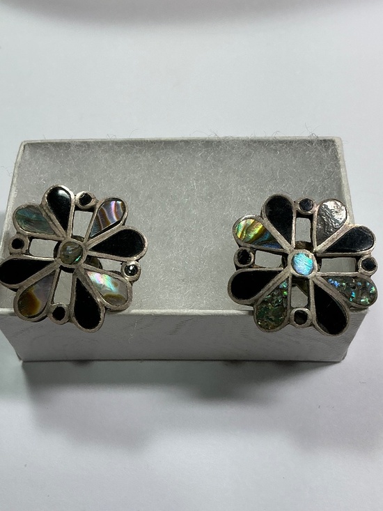 Taxco Jewelry - Vintage Sterling Silver TAXCO Los Ballesteros Abalone Inlay Screw Back Earrings